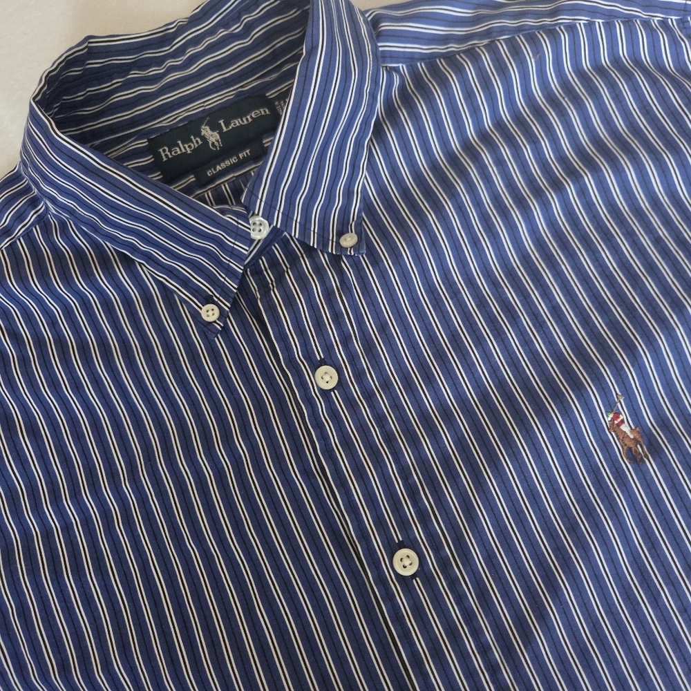 Vintage‎ Ralph Lauren Blue Striped Button Up Classic Fit Mens XL Pony